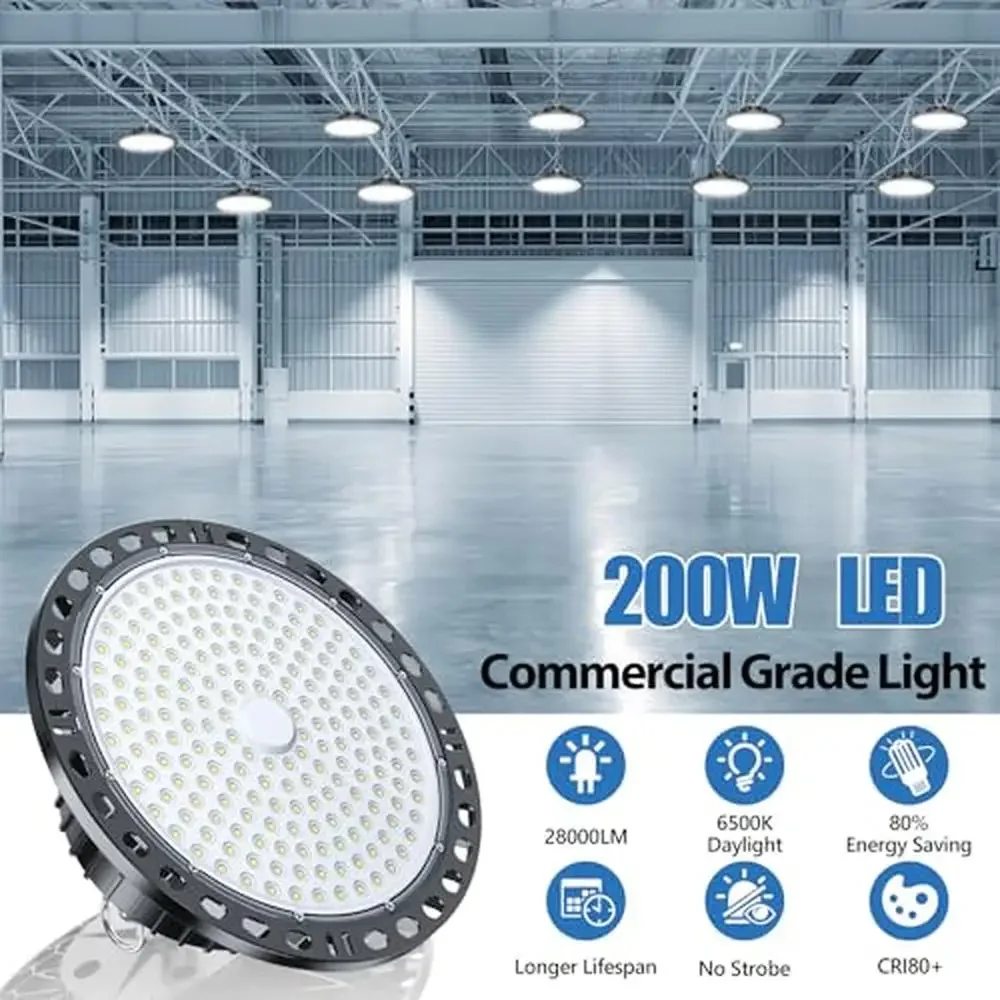 200W High Bay LED Light 10-Pack 28000LM UFO Shop Lights 6.56FT Cable US Plug Metal Chain Driver IP65 Waterproof Ultra-Efficient