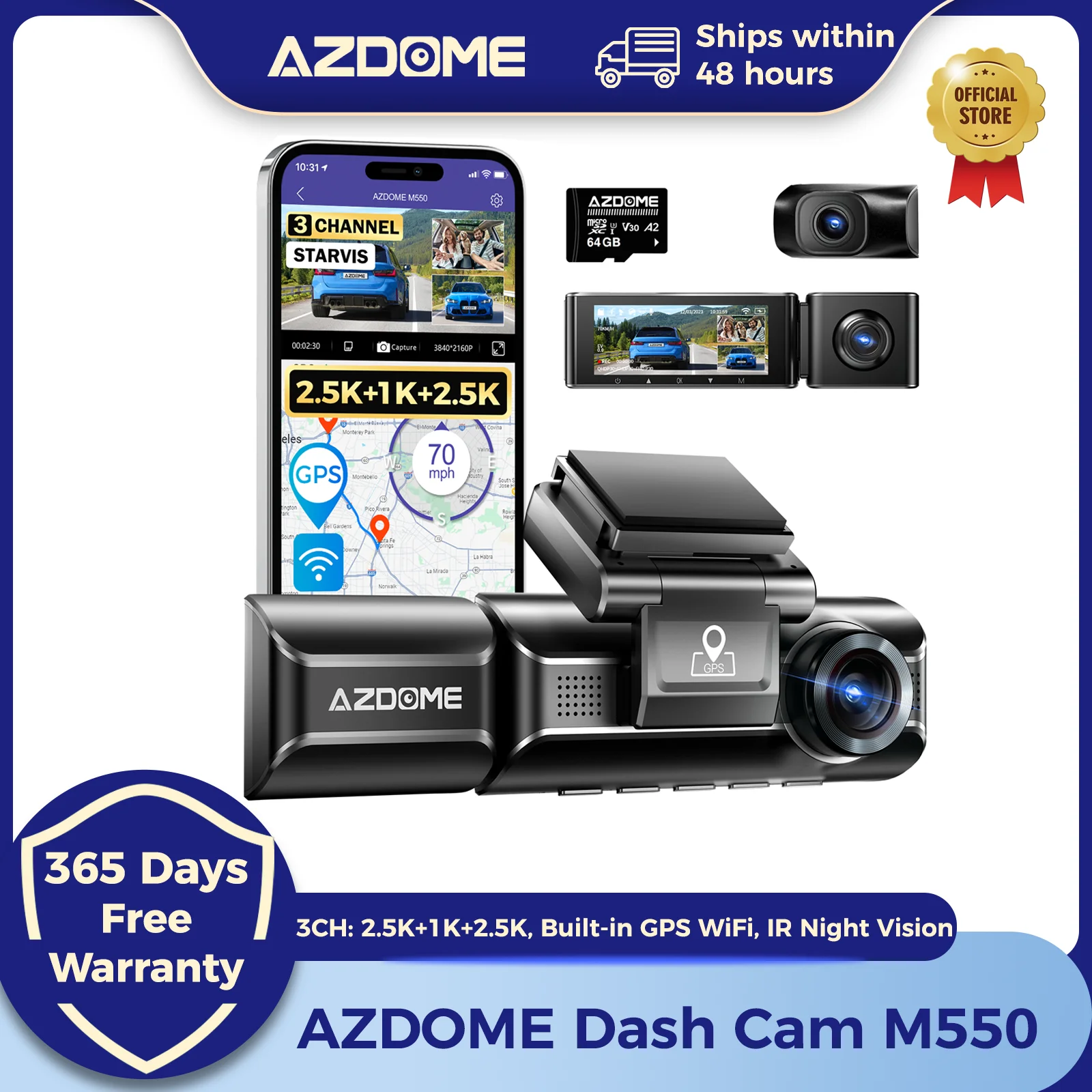 AZDOME Dash Cam M550 4K+2.5K Built-in GPS WiFi Car Dash Camera Front Inside Rear 3 Way IR Night Vision Car DVR Support Rear Cam