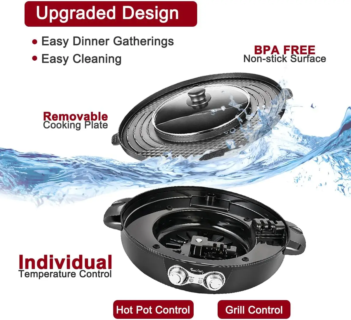 Party DUO Electric Smokeless Grill and Hot Pot, With Separable Cooking Plate, Deluxe Combo of 1 Recipe Book, 1 Tong, 1 Oil Brush