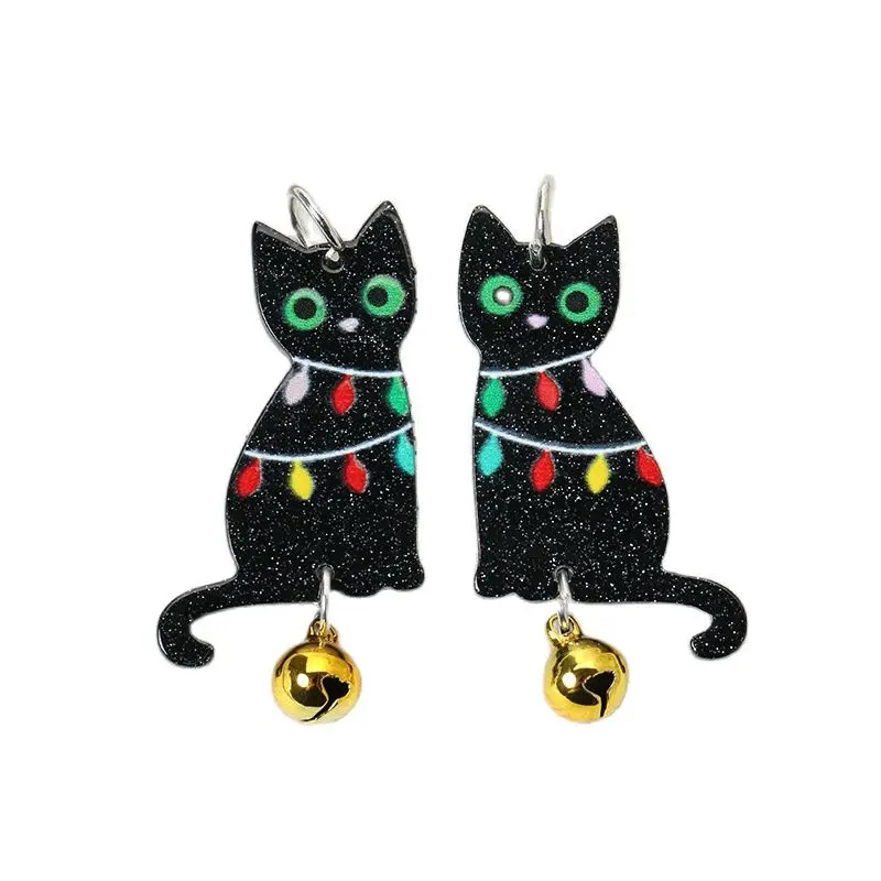 10Pcs Christmas Tree Charms Creative Acrylic Black Cat Star Gingle Bell Pendant For Keychain Necklace Jewelry Diy Making