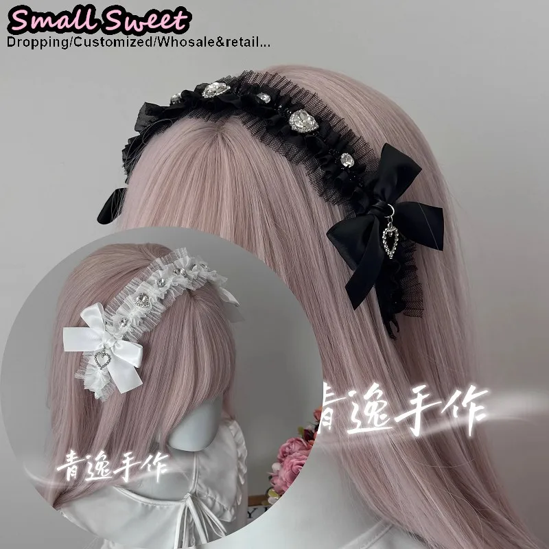 Women Gothic Punk Lolita Ruffle Series Crystal Lace Bow Headband Y2K Girl Sweet Japanese Cute Hair Hoop Girls Hair Accessories