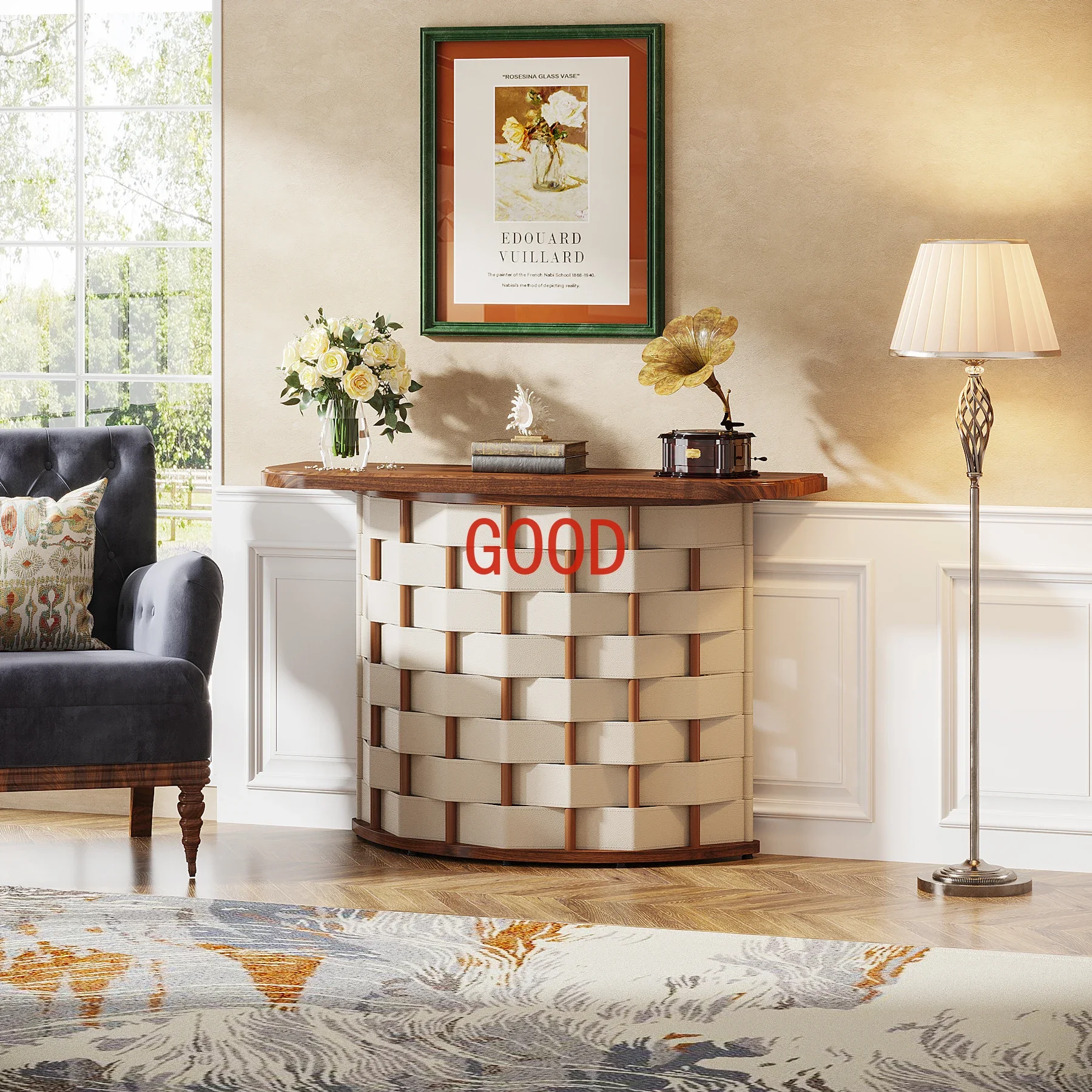 Tribesigns Mesa de entrada meia lua para entrada, mesa de sofá console semi-círculo vintage de 47 polegadas com base de couro tecido