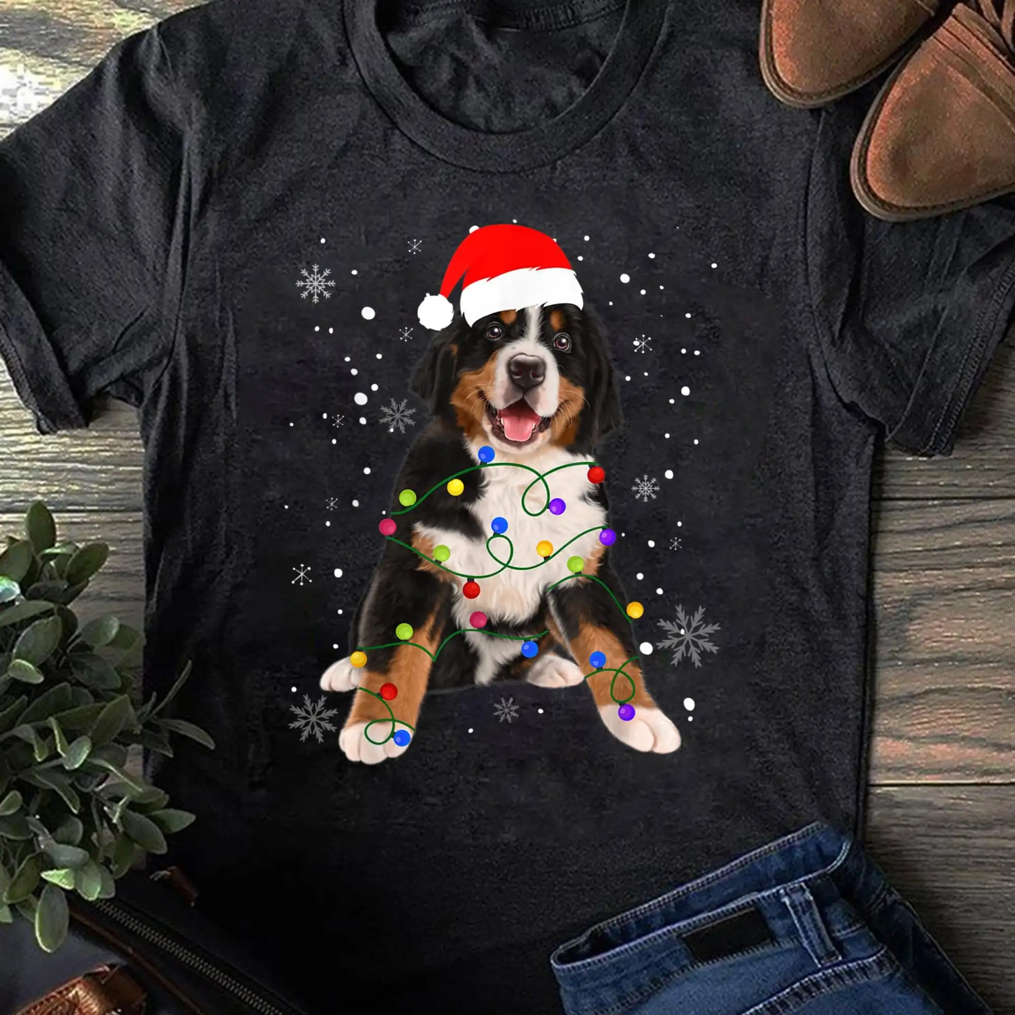 Bernese Mountain Dog Lights Christmas Matching Family T Shirt for Lovers Funny Yorkie