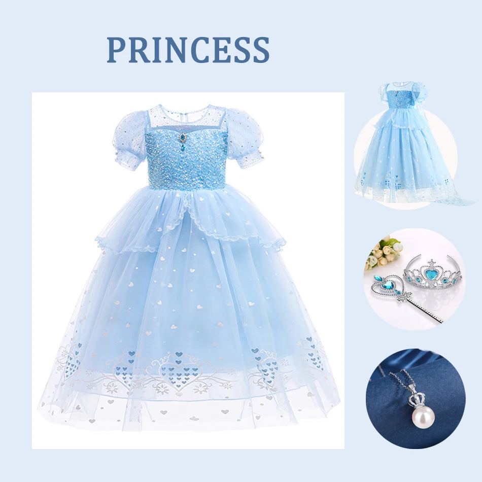 Elsa Princess Cosplay Dress Girl Blue Mesh Sequins Ball Gown Children Birthday Party Dress Kids Carnival Halloween Costume 2-10Y
