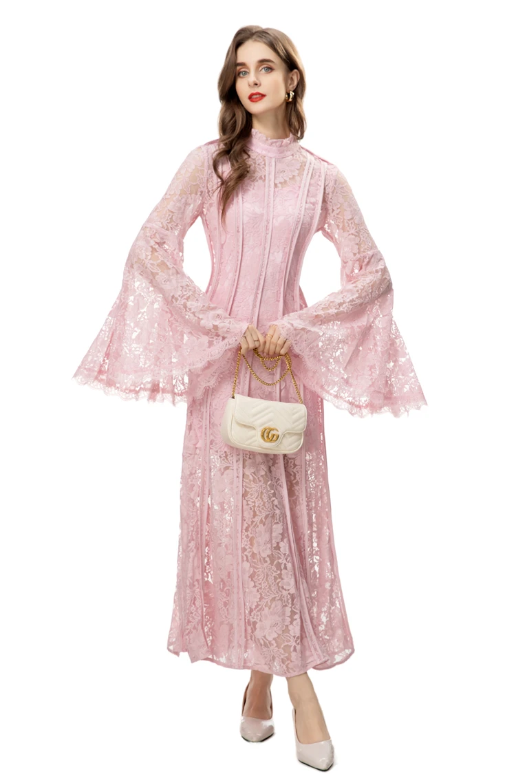Women\'s Runway Dresses Stand Collar Flare Long Sleeves Embroidery Elegant Fashion Party Prom Gown