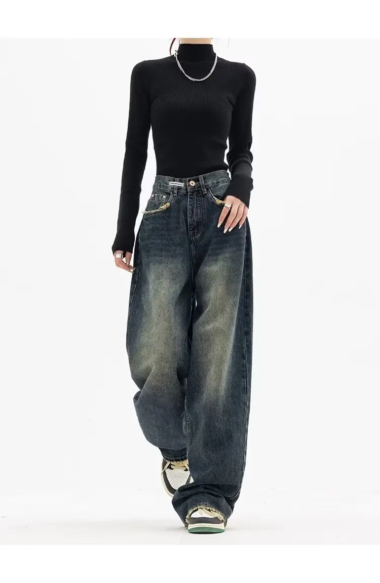 Frühling Herbst weites Bein Jeans Frauen hohe Taille Jeans hose Damen Jeans Harajuku Vintage bf Stil lose Femme Streetwear – Detail 2