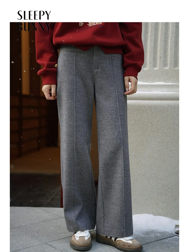 

Elegant Wool-Like Wide Leg Pants High Waist Trousers for Women French Style Warm Winter Office Casual Loose Fit Long Pants