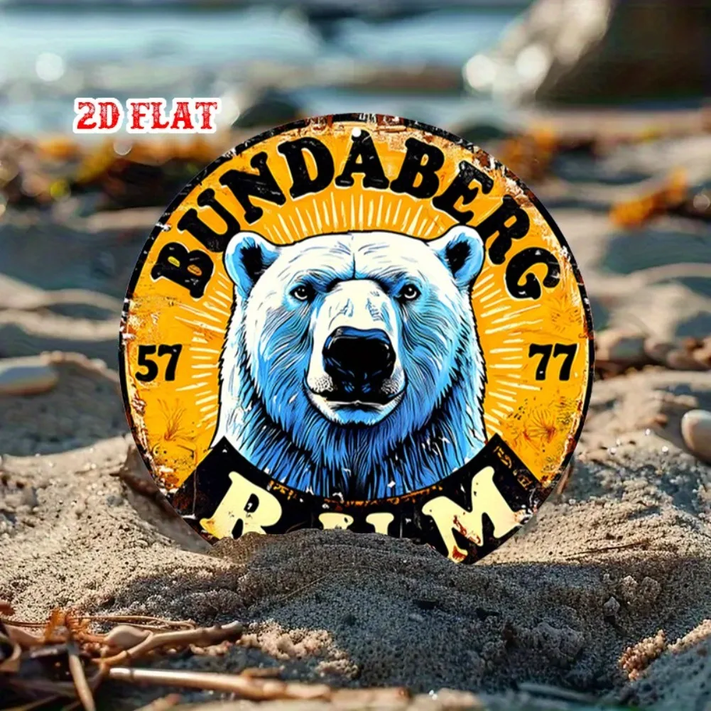 [مسطح 21D] قطعة واحدة من لافتة ألومنيوم مستديرة من Bundaberg Rum - لوحة فنية جدارية معدنية على شكل دب ريفي مقاس 7.87 بوصة، أصفر وأسود، بدون إطار