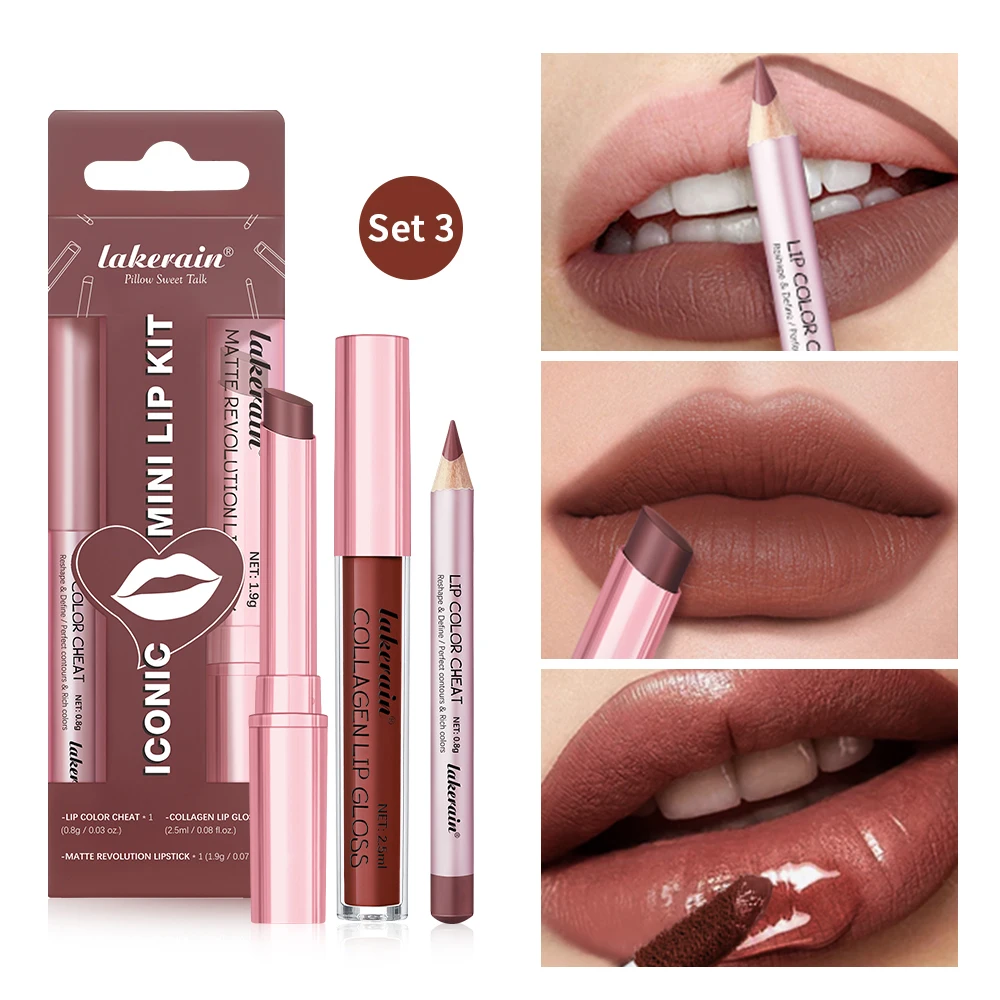 3pcs Lipstick Lipliner Pen Lipgloss Set Highly Pigmented Lip Liner And Butter Non-stick Cup Lip Gloss Waterproof Lip Gloss