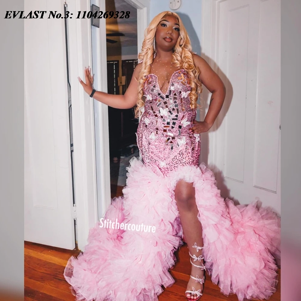 

EVLAST Customized Elegant Pink Mermaid Prom Dress Black Girls Rhinestone Crystal Beaded High Slit Wedding Party Gala Gown E3P307