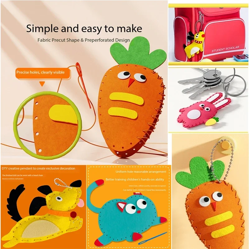 6 stks/partij Kids Handwerk Speelgoed Niet-geweven Stof Cartoon Dier DIY Creatieve Handgemaakte Tas Sleutelhanger Ornamenten Arts Crafts Kits Geschenken