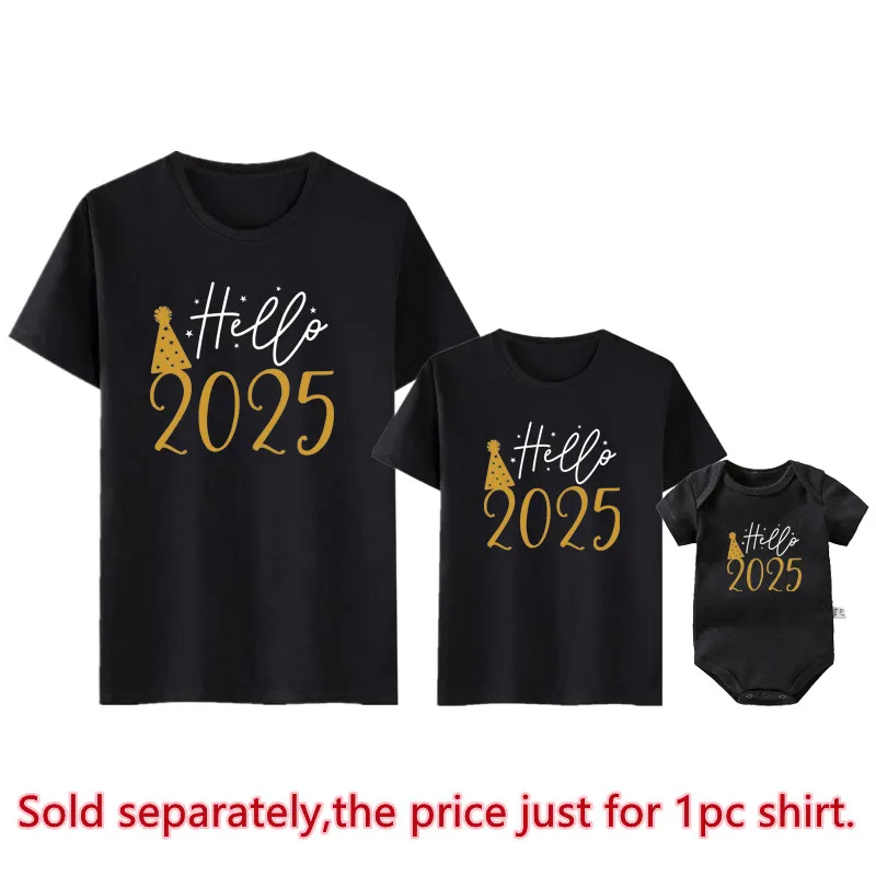 Hello 2025 Family Matching Outfits Cotton Mother Father and Daughter Son Kids Tshirts Baby Romper Look New Year\'s Clothes