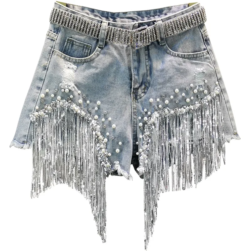 Schwere Perlen Pailletten Fransen zerrissene Jeans shorts Frauen Sommer tragen neue hohe Taille abnehmen weites Bein Hot pants Quaste Shorts