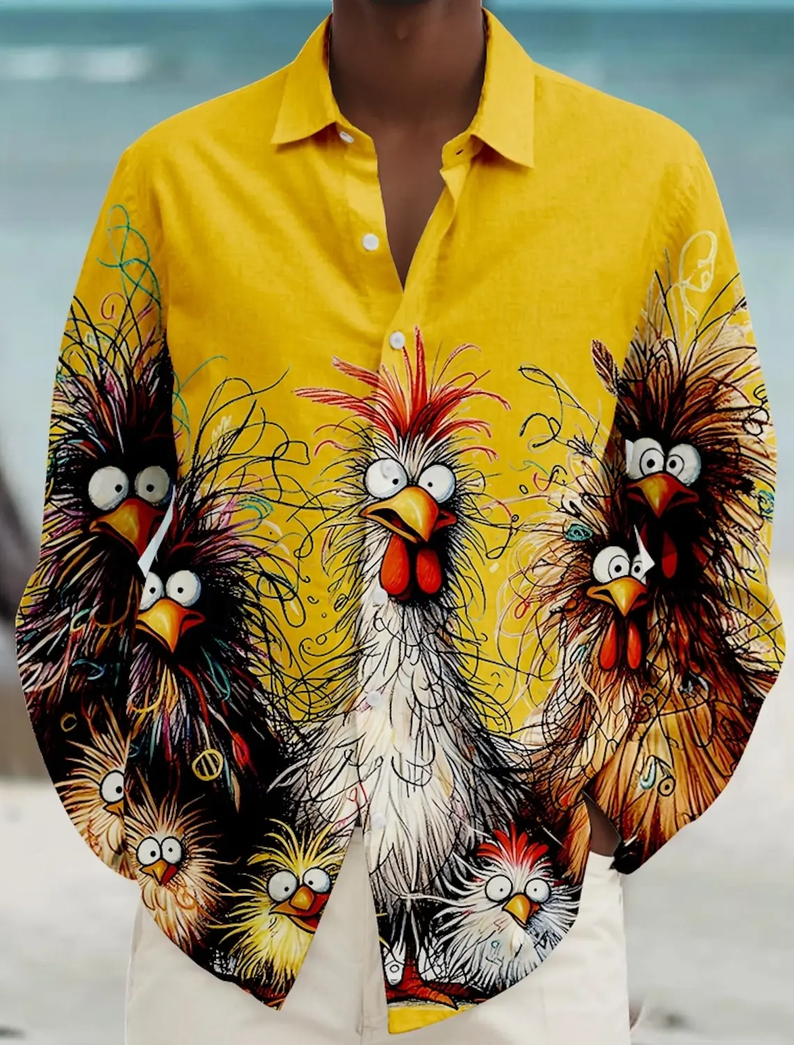 Divertente 3D Gallo Stampa Camicia a maniche lunghe da uomo Hip Hop Trend Street y2k Abbigliamento Moda Risvolto Camicie larghe Cardigan casual Top