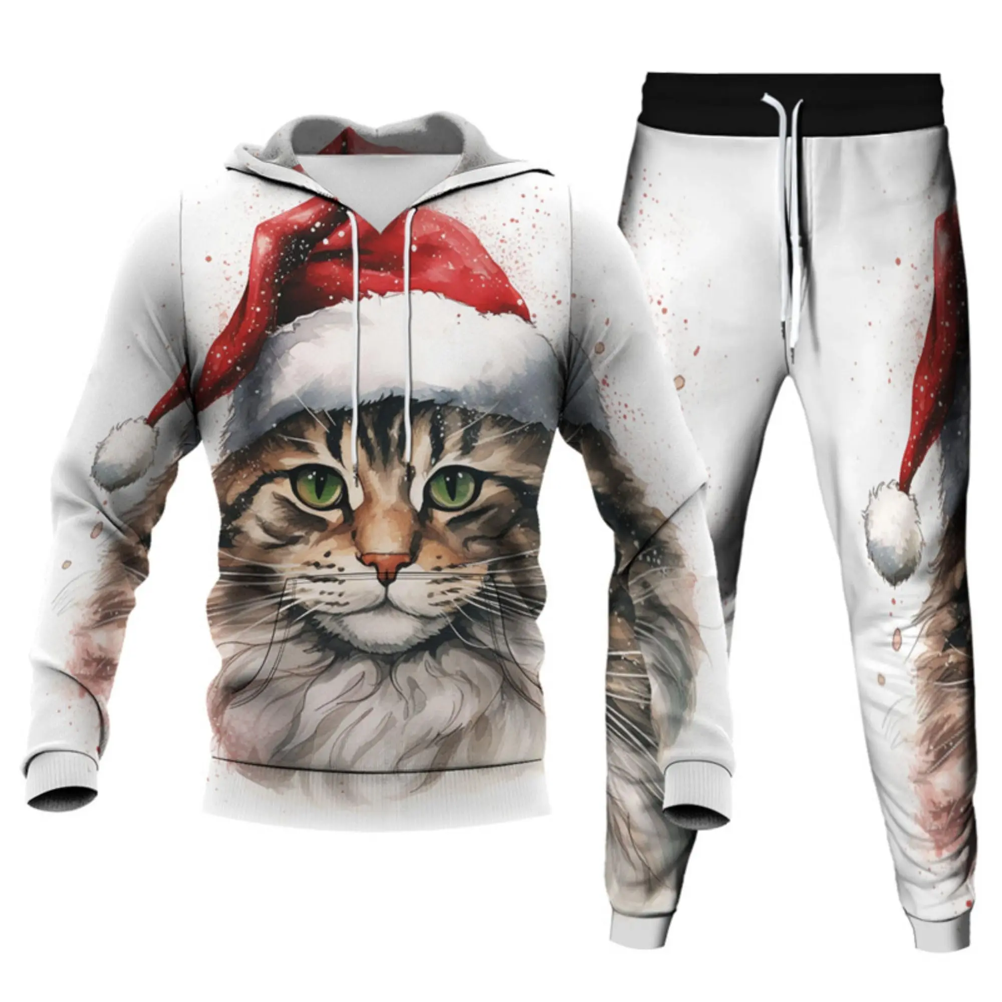 Hoodies Tracksuit Women Men Sets New Year Christmas Animal Cat Hoodie Pant Suit Santa Claus 3D Printed Party Fun Festive Sets