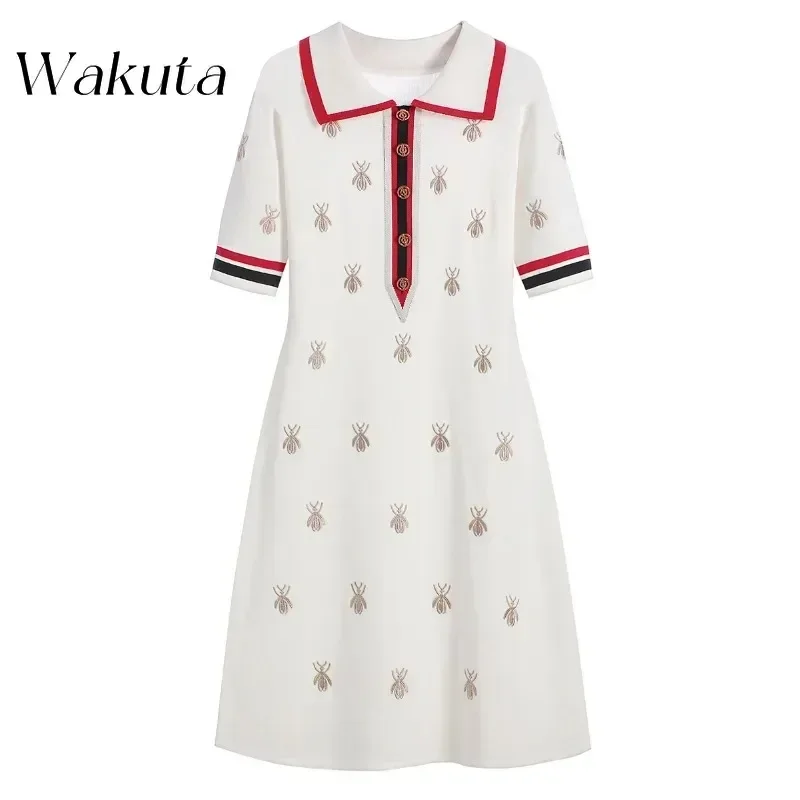 WAKUTA Elegant Spring Summer Knit Cartoon Embroidered Polo Gowns Woman Plus Size Casual Knee-length Straight Dresses Female2024