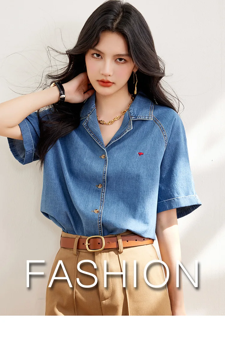 Flowers Casual Denim Shirts for Women 2024 Fashion Vintage Short Sleeve Loose Shirt Korean Style Single-Breasted Commuting Tops