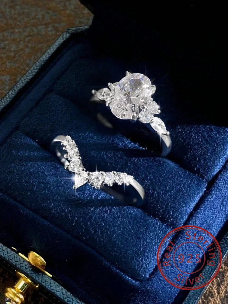 Ring aus 925er-Sterlingsilber, personalisierbar, modisch, luxuriös, V-förmig, ovaler Zirkon-Ring für Damen, Jahrestag, hochwertiger edler Schmuck