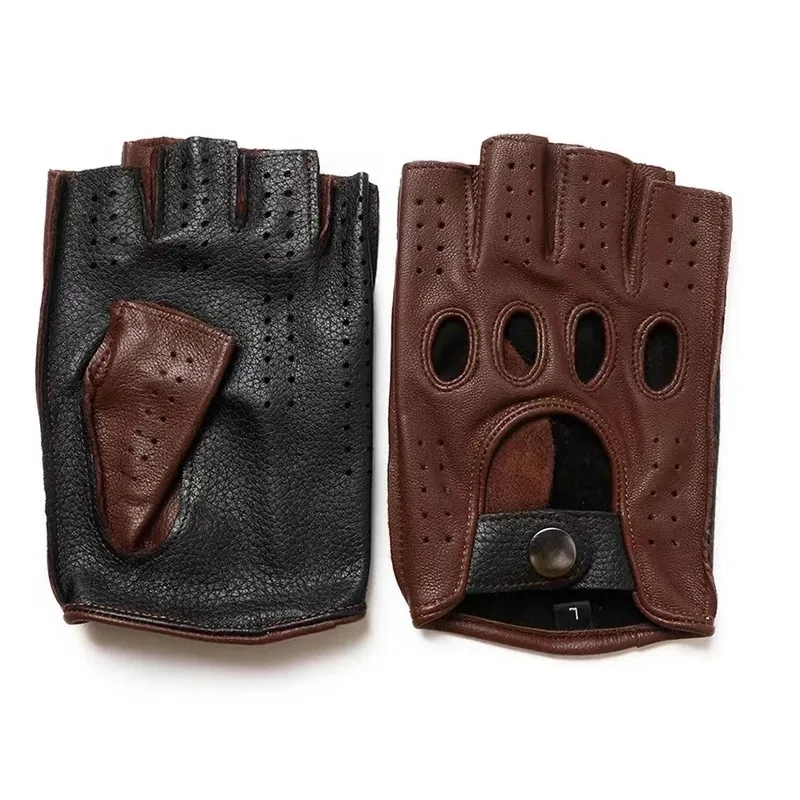 

Genuine Leather Half Finger Mittens Men 2023 New Breathable Driving Semi-Finger Male Sheepskin Glove Non-Slip Fitness