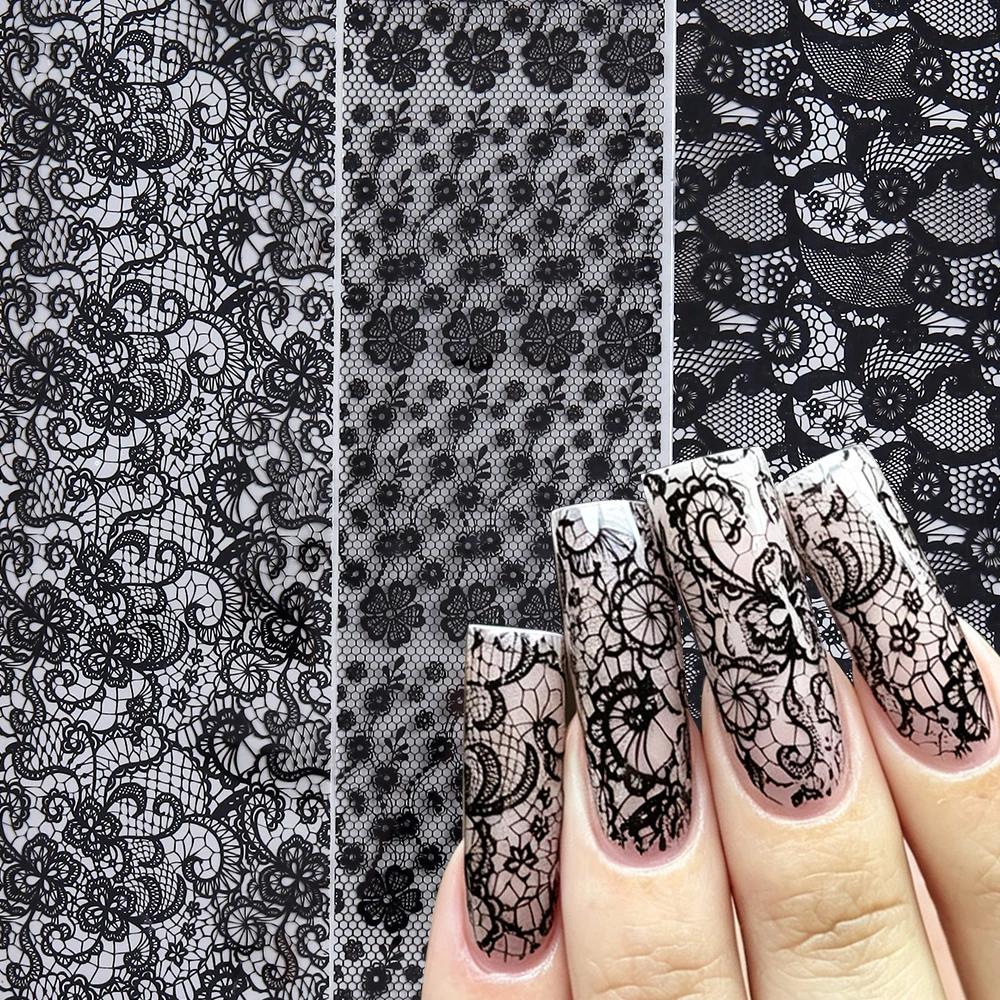 10pcs/set Black and White Lace-Pattern Nail Art Transfer Foil – Floral and Mesh Design for Salon or DIY Use