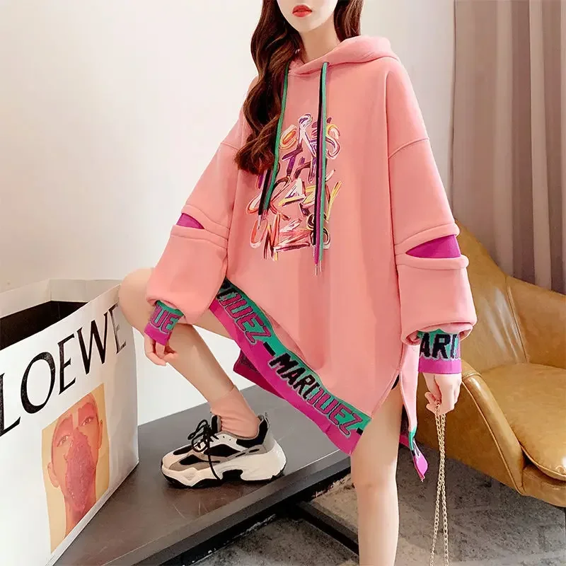 Long Sleeved Loose Mid Length Hoodie Women's Autumnwinter New Hooded Print Patchwork with Contrasting Colorscasual Versatile