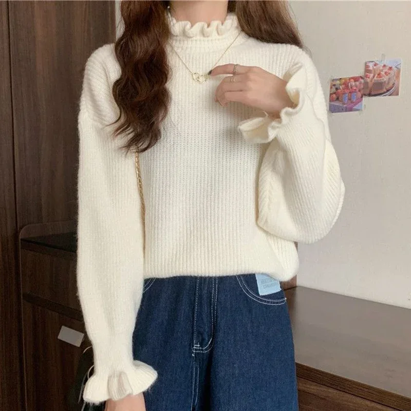 

Women Ruffles Thicken Warm Sweater Mock Neck Flare Sleeve Sweet Pullovers Solid Casual Sweater For Women 2024 Fall Winter