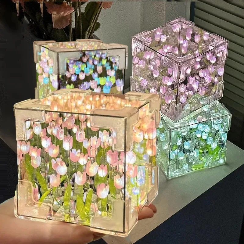 Veilleuse tulipe éclairée 3D – Lampe Cube LED faite à la main avec base miroir, décoration de table florale pour chambre à coucher, bureau ou table de chevet