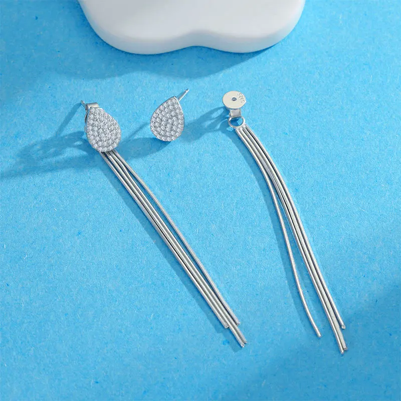 18K white gold moissanite tassel earrings for women platinum PT950 fashion commuter long full diamond drop earrings for two wear