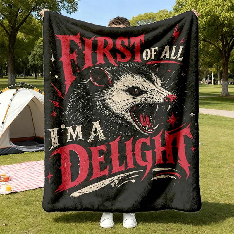 First Of All Im A Delight Flannel Throw, Funny Possum Graphic Cozy Blanket,  Vintage Retro Warm Blanket, C