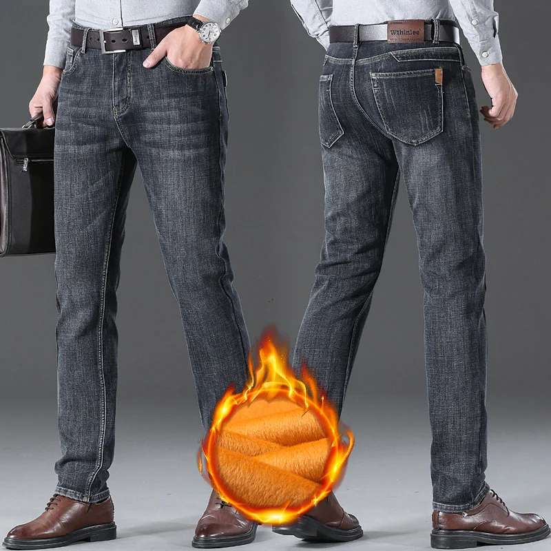 Winter Fleece Warm Straight Stretch Thermal Warm Flannel Work Denim Trousers Male Brand Clothing Men's Business Fashion Jeans