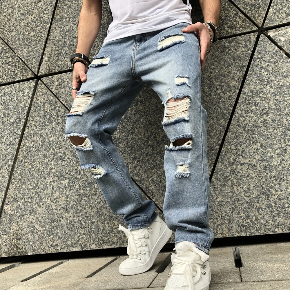 Stylish Simple Men Ripped Straight Loose Jeans For Men Casual Denim Pants Male Streetwear Trousers