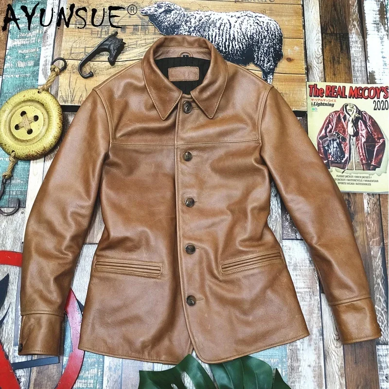 

AYUNSUE Genuine Leather Jacket Men Spring Autumn 2021 Vintage Cowhide Coat Plus Size Mens Leather Jackets Chaqueta Cuero Hombre