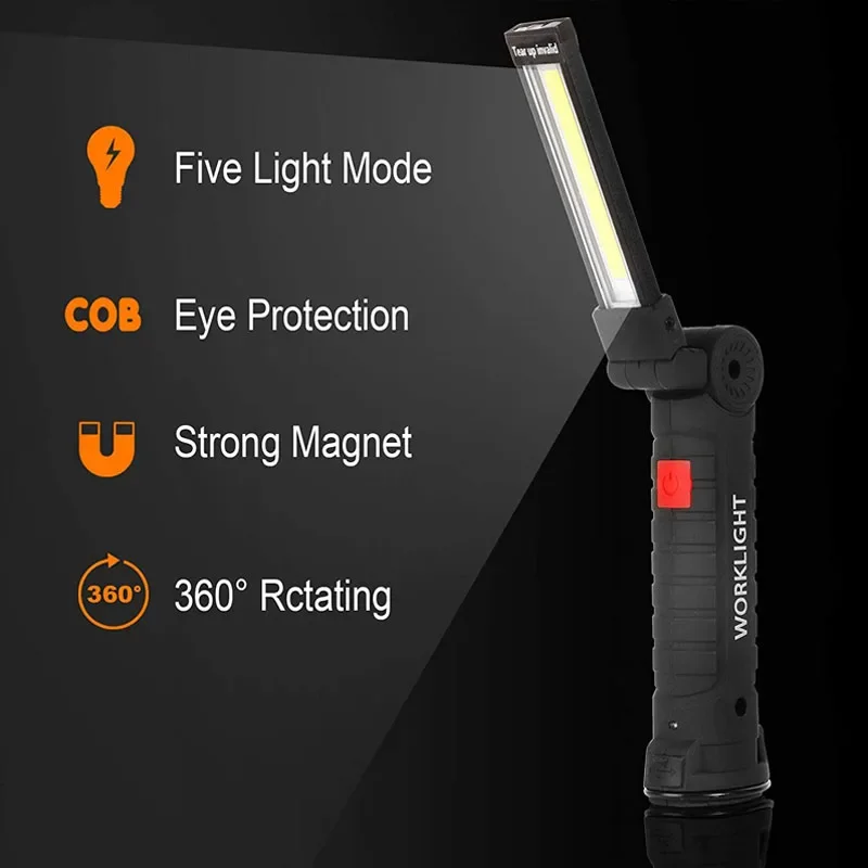 Imagem -04 - Usb Recarregável Led Work Light Lâmpada Portátil Lanterna com Ímã e Gancho Iluminação Exterior Rotação de 360 Graus Cob