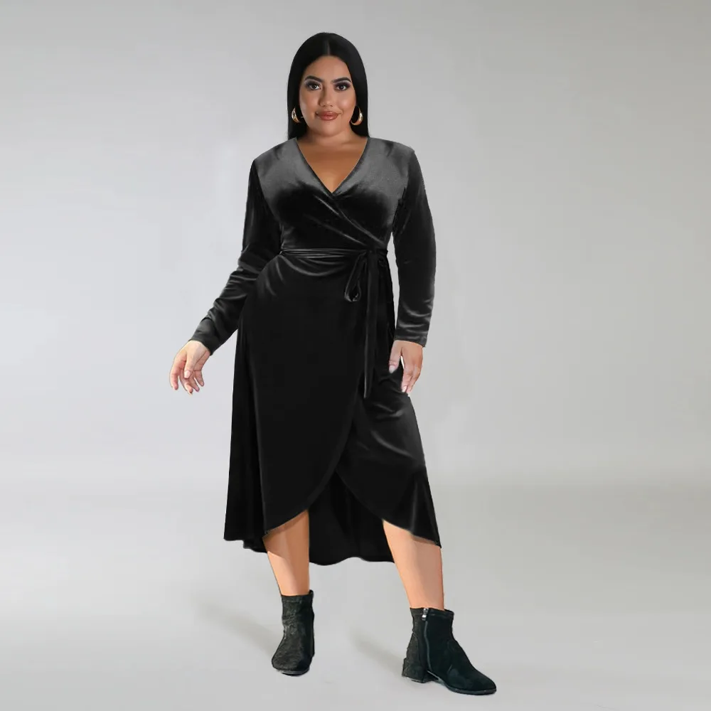 SOMO Plus Size damska sukienka aksamitne w jednolitym kolorze elegancka jesienna z długim rękawem w szpic i dekoltem długa sukienka sprzedaż hurtowa Dropshipping