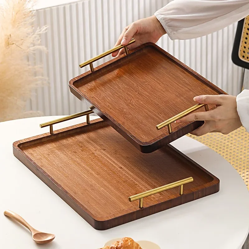 Tray Rectangle Household, Tableware Wooden Dim Sum Tray Hotel Tea Tray Bamboo Plate Commercial with Handle