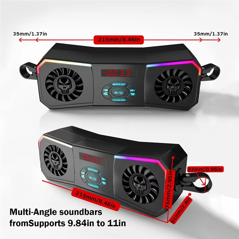 A73E-Motorcycle Handlebar Mount Speaker Wireless Stereo Audio System 12V Auxiliary Input USB FM Radio Function MP3 Player