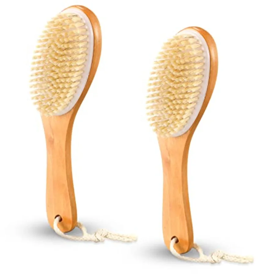 2 Pcs Dry Brushing Body Brush Natural Boar Bristle with Contoured Wooden Handle for Back Legs Feet Exfoliates Dead Skin