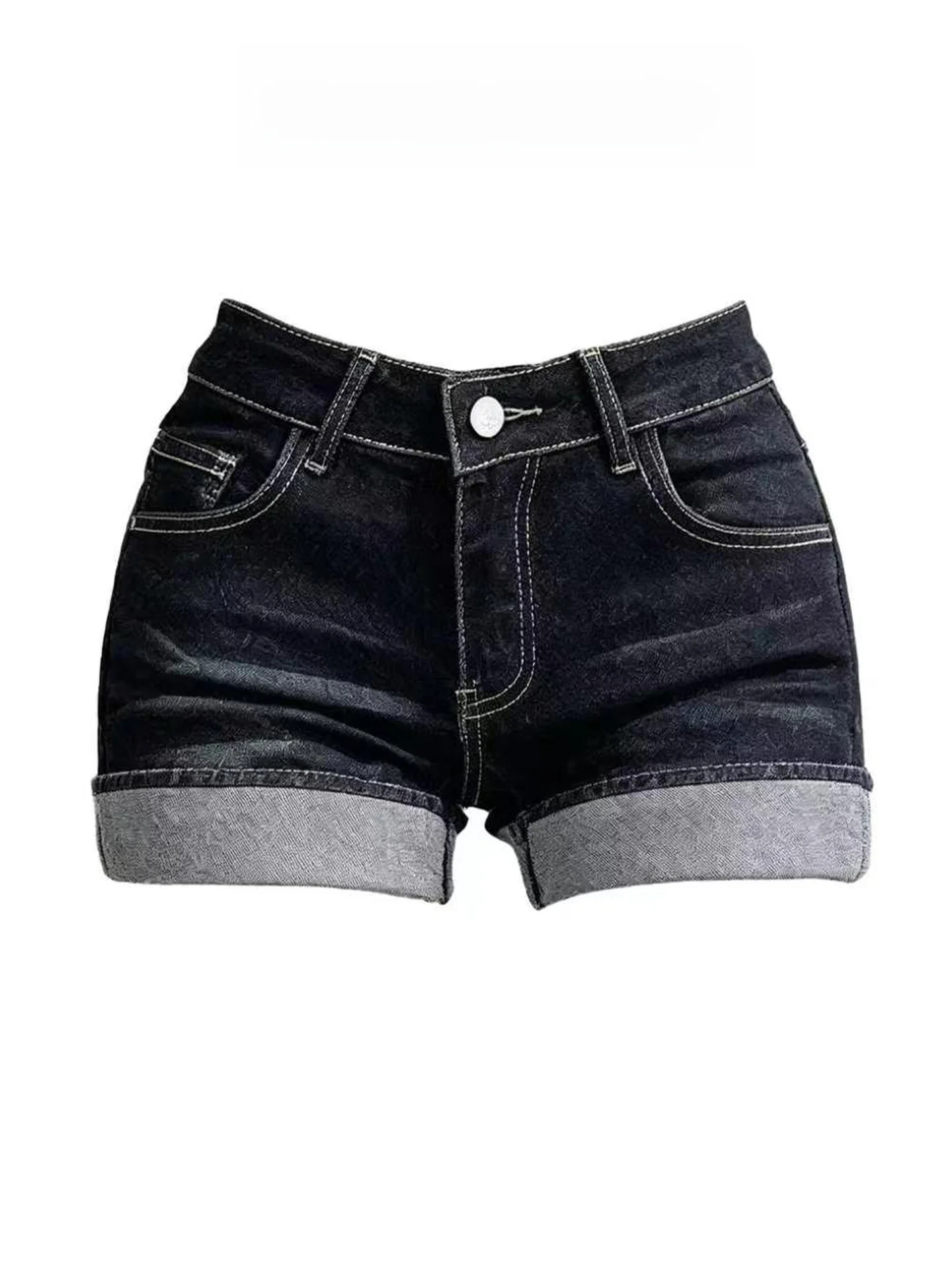 Low Waist Retro Washed American Style Denim Shorts Women's Summer Slim Fit Elastic Versatile Cuffed Butt Shorts