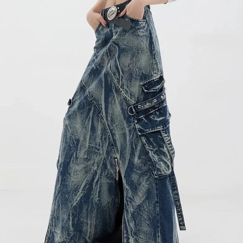 American Heavy Industries Washed Tie-Dye Women's Denim Midi Skirt Fashionable Elegant Niche Design Loose Hip-Hugging Long Skirt