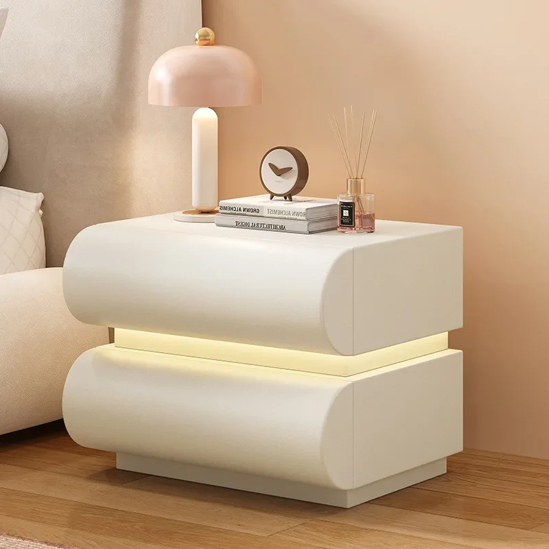 Meja samping tempat tidur kayu solid warna krem minimalis, gaya selebgram minimalis modern