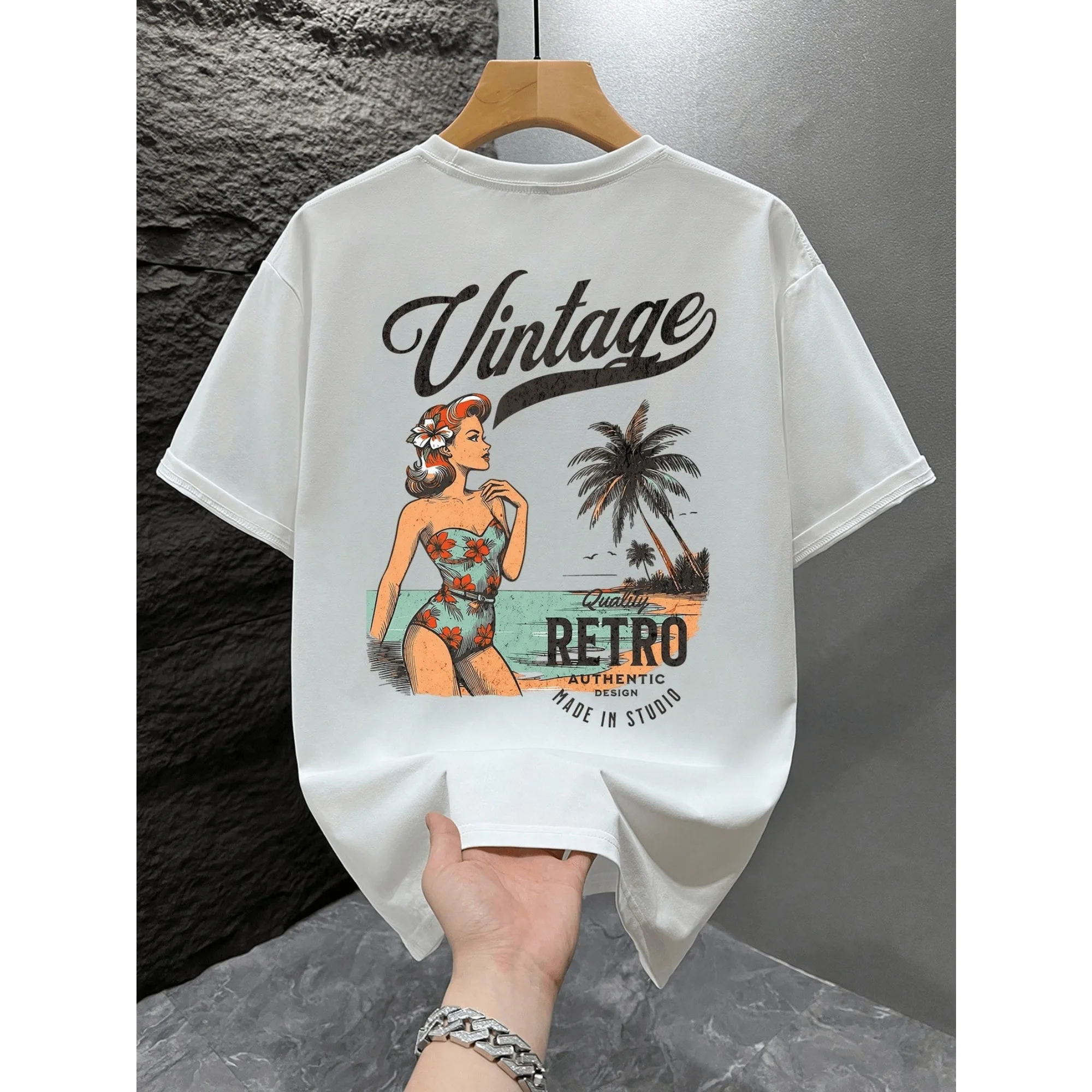Retro Pin-Up Girl Palm Tree Beach Graphic T-Shirt Men Women Casual Streetwear Short Sleeve Cotton Summer Surf Style Tee Tops