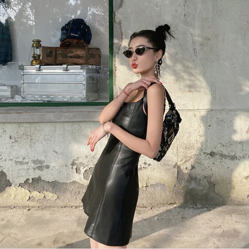 2025 New Chain Spaghetti Black Strap Dress for Women Sexy PU Leather Dresses Biker Mini Woman Bandage Dresses Female