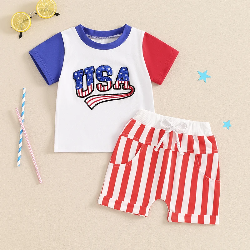 2024-04-16 Lioraitiin Kids Boy 4th of July Outfit Letter Embroidery Short Sleeve T-Shirt with Stripe Shorts for Independence Day