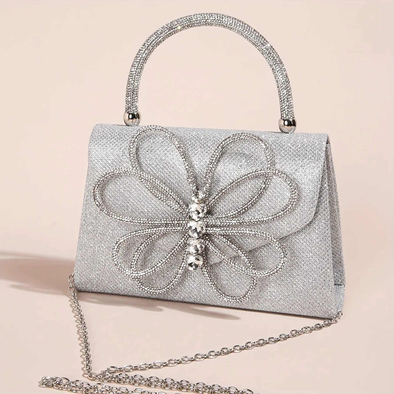 

Elegant Rhinestone Glitter Evening Handbag, Textured Satchel Dinner Bag With Flap And Bow Decor, Classic Chain Shoulder Bag For