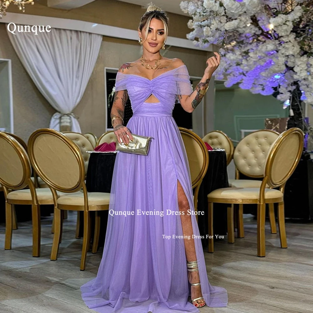 

Qunque Lilac A-line Tulle Evening Dress High Split Formal Customized Prom Gowns Off the Shoulder Short Sleeves Vestido De Fiesta