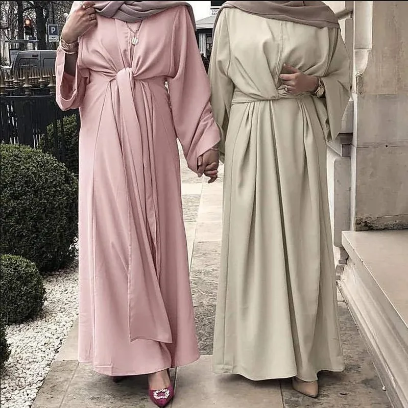 

Summer Women Abaya Casual Maxi Dress Long Sleeve Solid Color Dubai Turkey Modest Robe Kaftan Islam Simple Connection Belt Dress