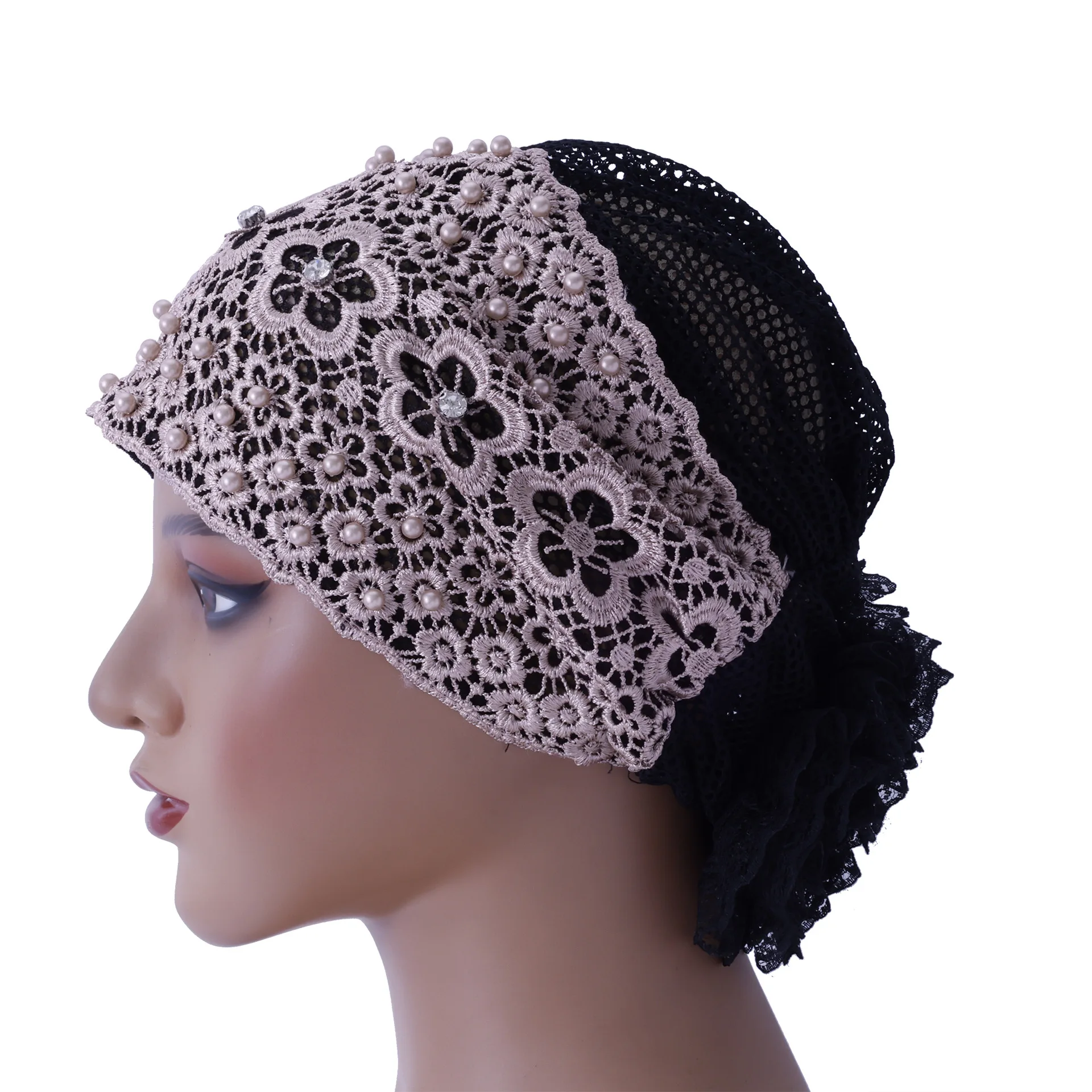 Muslim Women Beaded Hijab Inner Hat Lace Underscarf Turban Flower Headscarf Beanies Bonnet Hollow Out Headwear Turbante Mujer