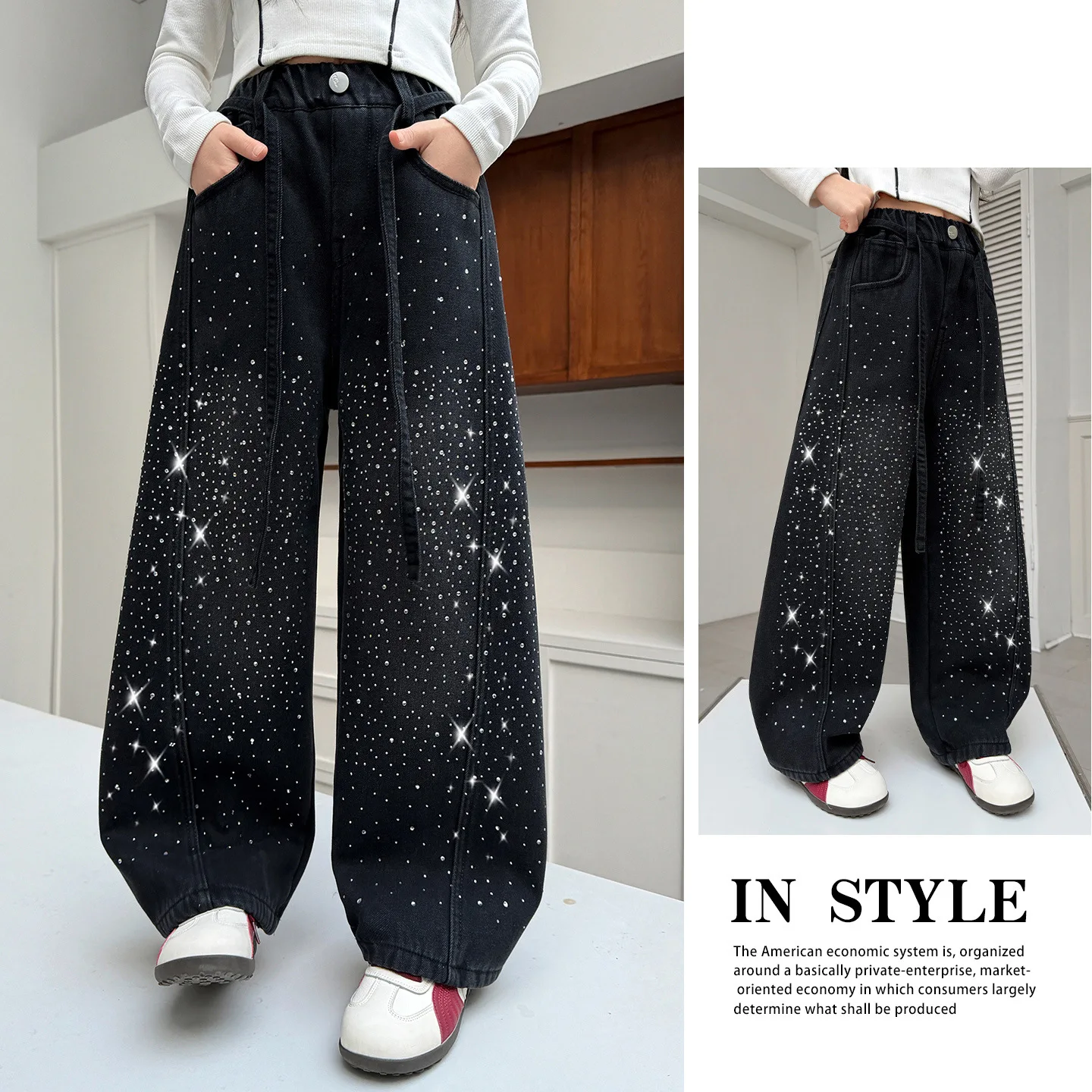 Girls Spring Autumn Jeans New Teens Children's Sky Full Star Rhinestone Loose Wide Leg Denim Pants Fashion Curved Knife Trousers