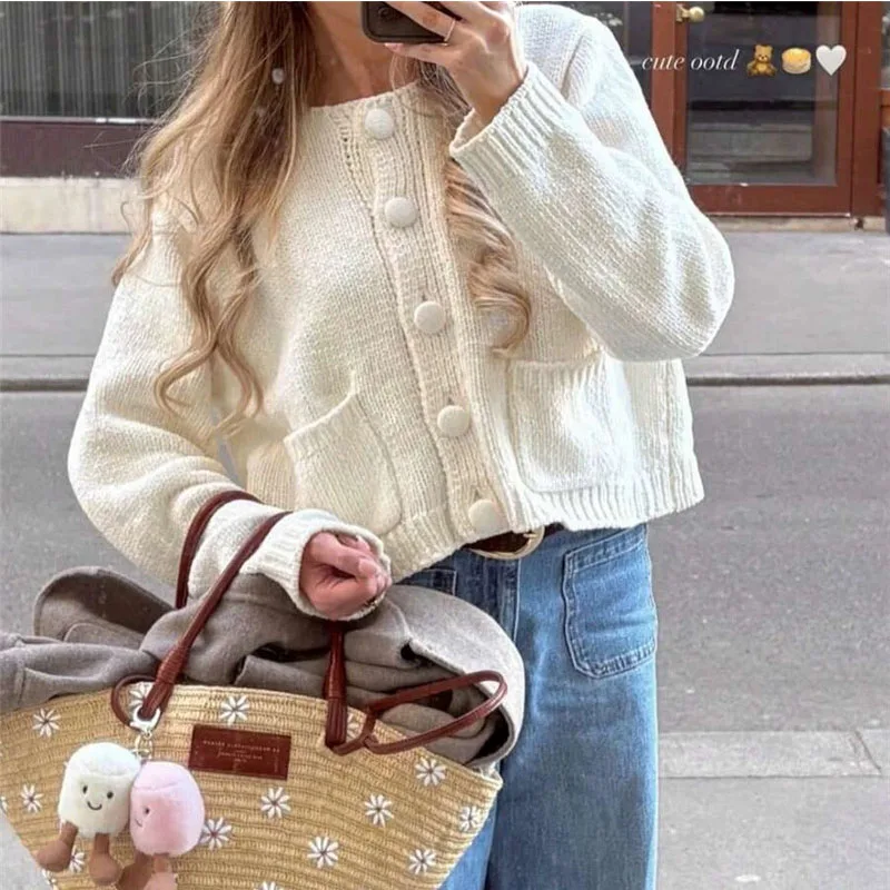 

Зимние повседневные однотонные короткие куртки с длинными рукавами и карманами, модный однобортный свитер, пальто, осенний элегантный вязаный кардиган с круглым вырезом