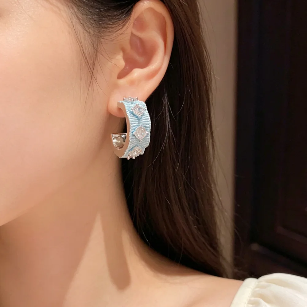 Zircon blue geometric earrings women's personality fashion light luxury versatile super flash earrings
